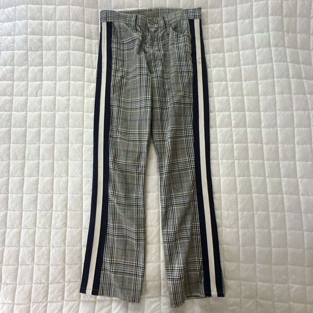 MOTHER Plaid Wide-Leg Pants with Navy & Cream Side Stripes